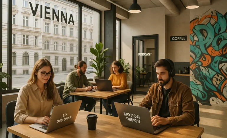 Moderne Coworking-Fläche in Wien mit Freelancern bei der Arbeit
