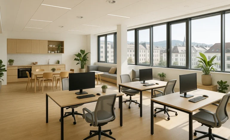 Helles Shared Office in Österreich mit offenem Raumkonzept und modernen Arbeitsbereichen für produktives Arbeiten und Zusammenarbeit