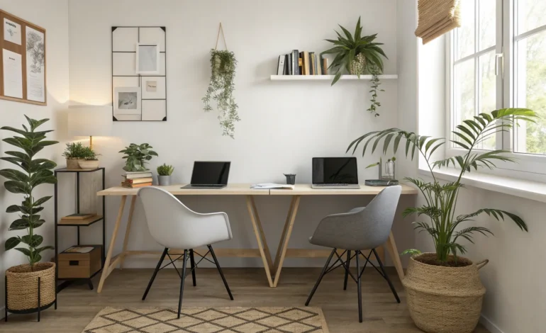 Kleines, modern eingerichtetes Büro mit Schreibtischen, Laptops und Pflanzen in heller, produktiver Atmosphäre