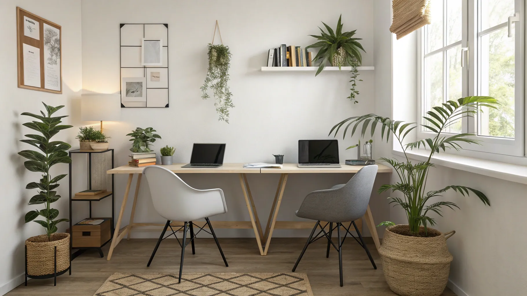 Kleines, modern eingerichtetes Büro mit Schreibtischen, Laptops und Pflanzen in heller, produktiver Atmosphäre