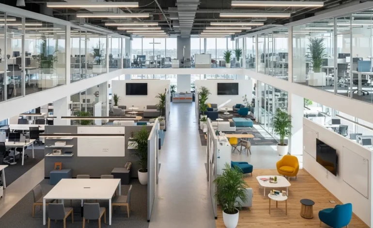 Moderne Büroetage mit offenen Arbeitsbereichen, Glaswänden und flexibler Raumaufteilung in heller, professioneller Atmosphäre