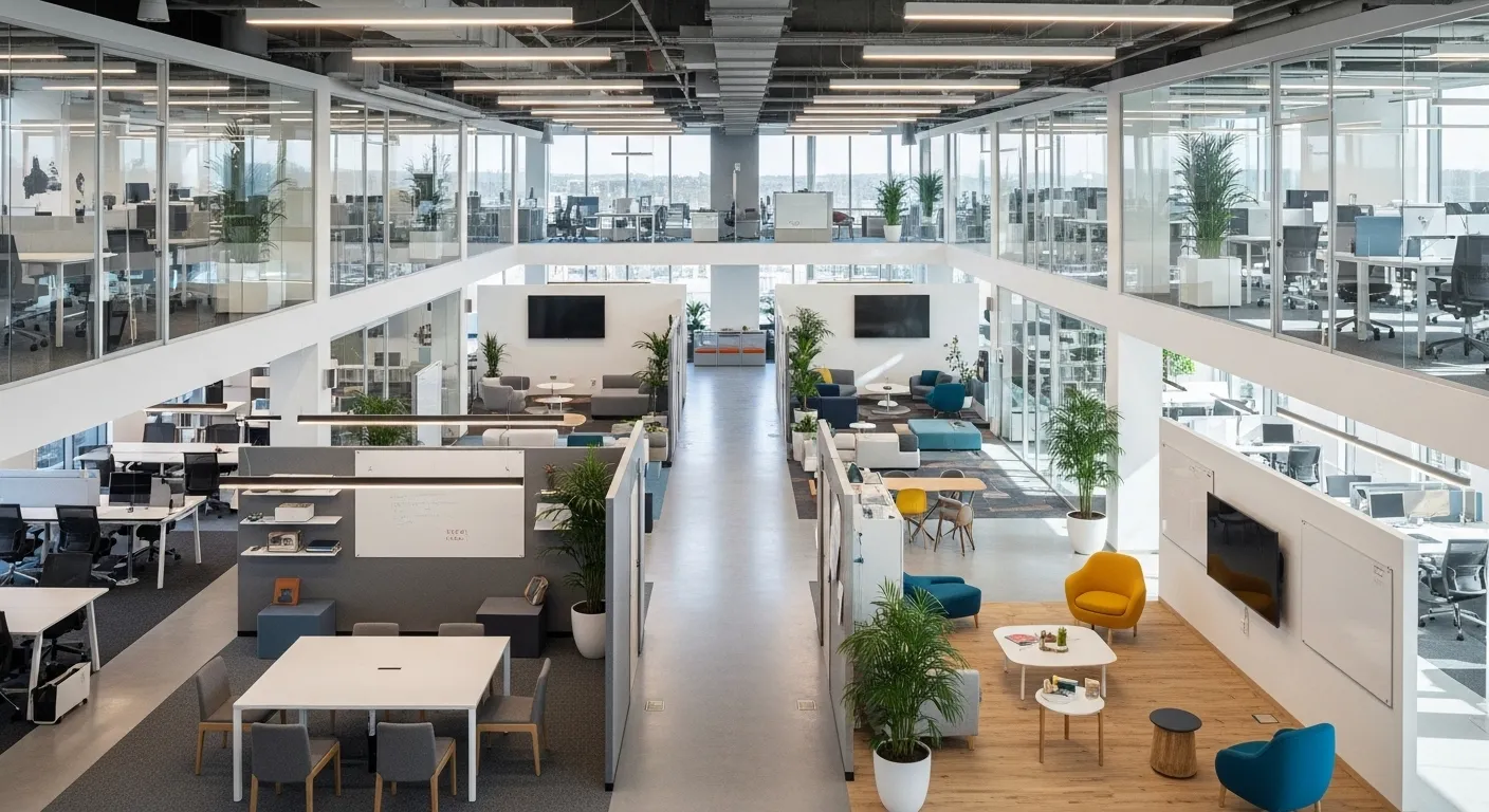 Moderne Büroetage mit offenen Arbeitsbereichen, Glaswänden und flexibler Raumaufteilung in heller, professioneller Atmosphäre