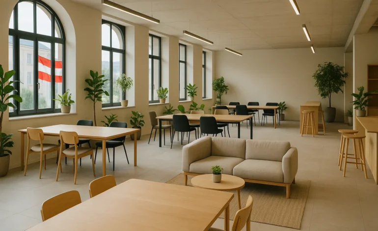 Moderner Coworking-Space in Österreich mit hellen, offenen Arbeitsbereichen und kreativem Design für digitale Nomaden