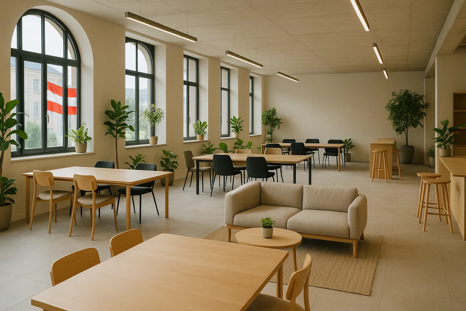 Moderner Coworking-Space in Österreich mit hellen, offenen Arbeitsbereichen und kreativem Design für digitale Nomaden