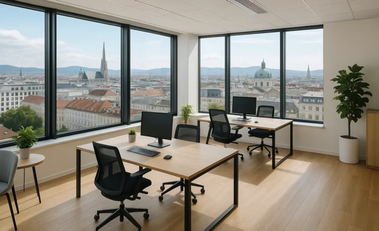Modern eingerichteter Büroraum in Österreich mit flexiblen Arbeitsplätzen und Blick auf die Stadt – ideal für Start-ups und KMUs