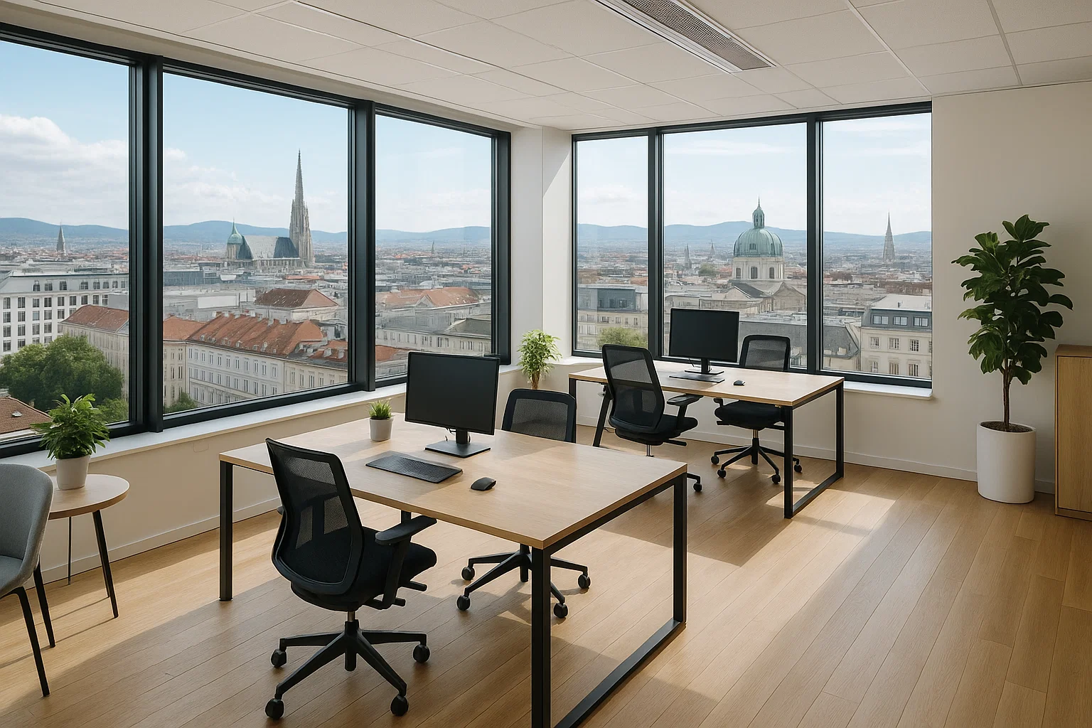 Modern eingerichteter Büroraum in Österreich mit flexiblen Arbeitsplätzen und Blick auf die Stadt – ideal für Start-ups und KMUs