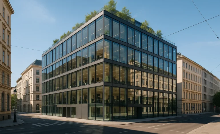Modernes Bürogebäude im Zentrum von Wien mit Glasfassade und nachhaltiger Architektur