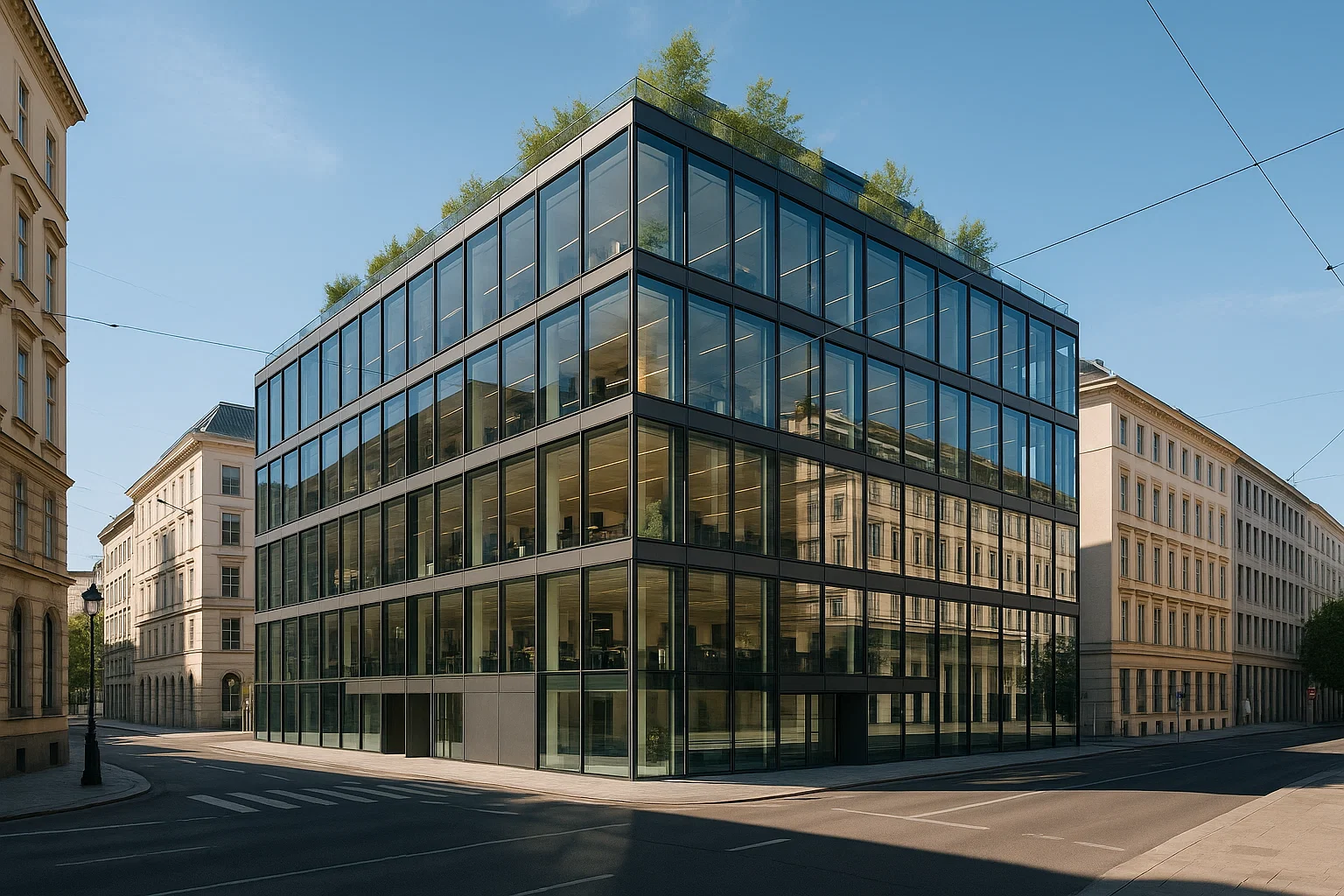 Modernes Bürogebäude im Zentrum von Wien mit Glasfassade und nachhaltiger Architektur