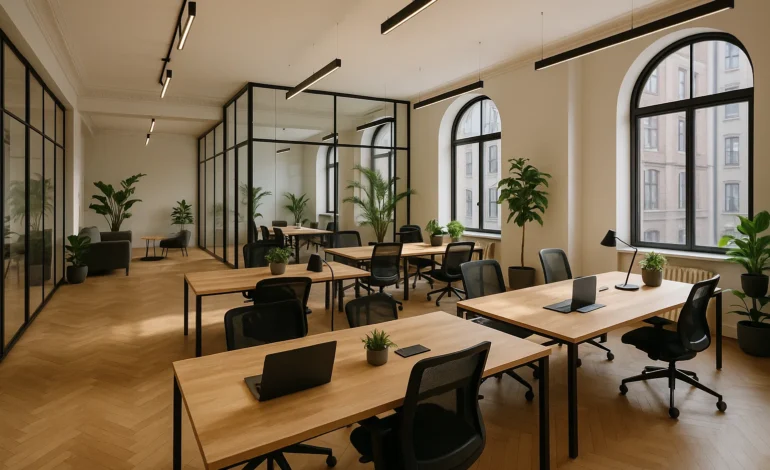 Modernes Gemeinschaftsbüro mit offenen Arbeitsplätzen, zeitgemäßer Einrichtung und heller Atmosphäre in einem stilvollen Stadtgebäude