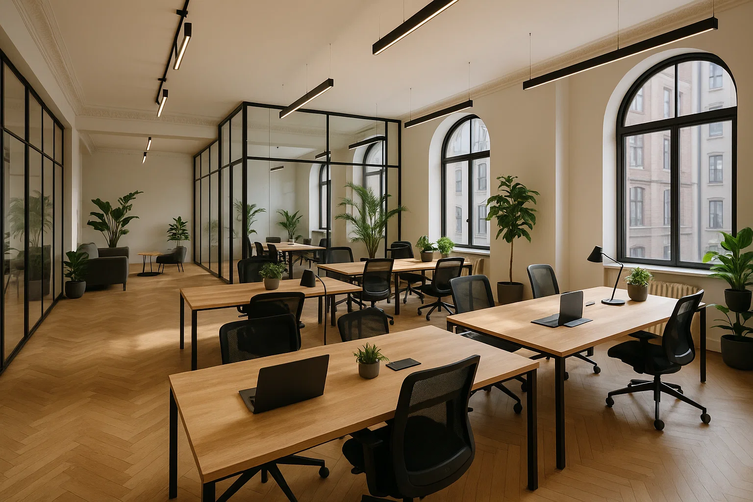 Modernes Gemeinschaftsbüro mit offenen Arbeitsplätzen, zeitgemäßer Einrichtung und heller Atmosphäre in einem stilvollen Stadtgebäude