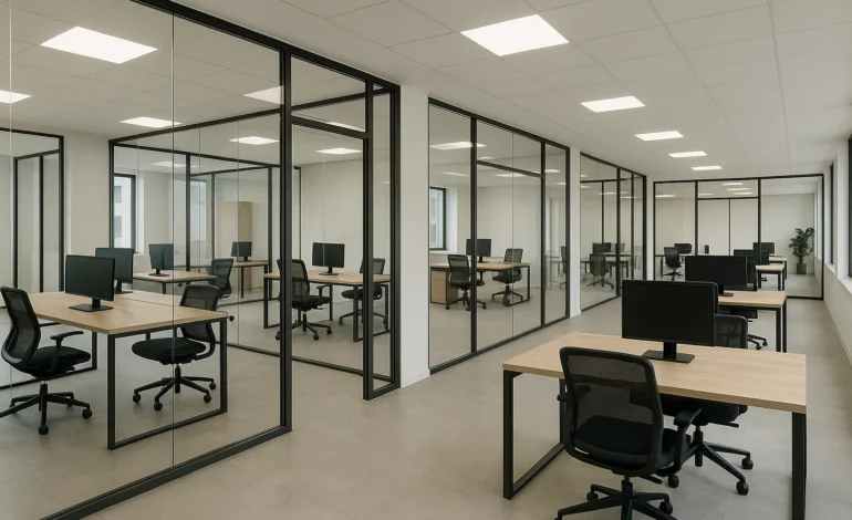 Modernes, helles Büro mit mehreren flexiblen Arbeitsbereichen, ideal für eine gründliche Bürobesichtigung