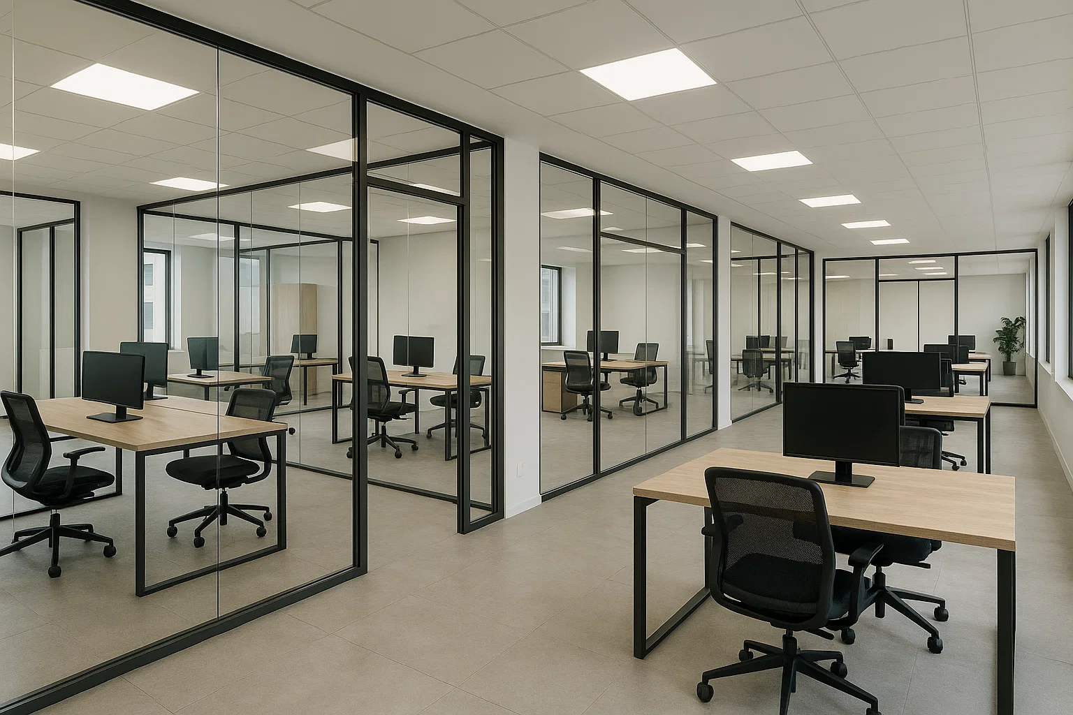 Modernes, helles Büro mit mehreren flexiblen Arbeitsbereichen, ideal für eine gründliche Bürobesichtigung