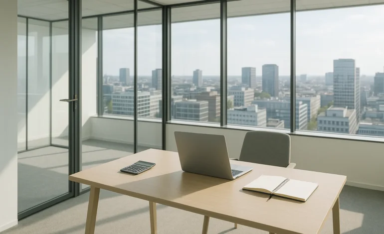 Modernes, helles Büro mit minimalistischem Arbeitsplatz, das Budgetplanung symbolisiert