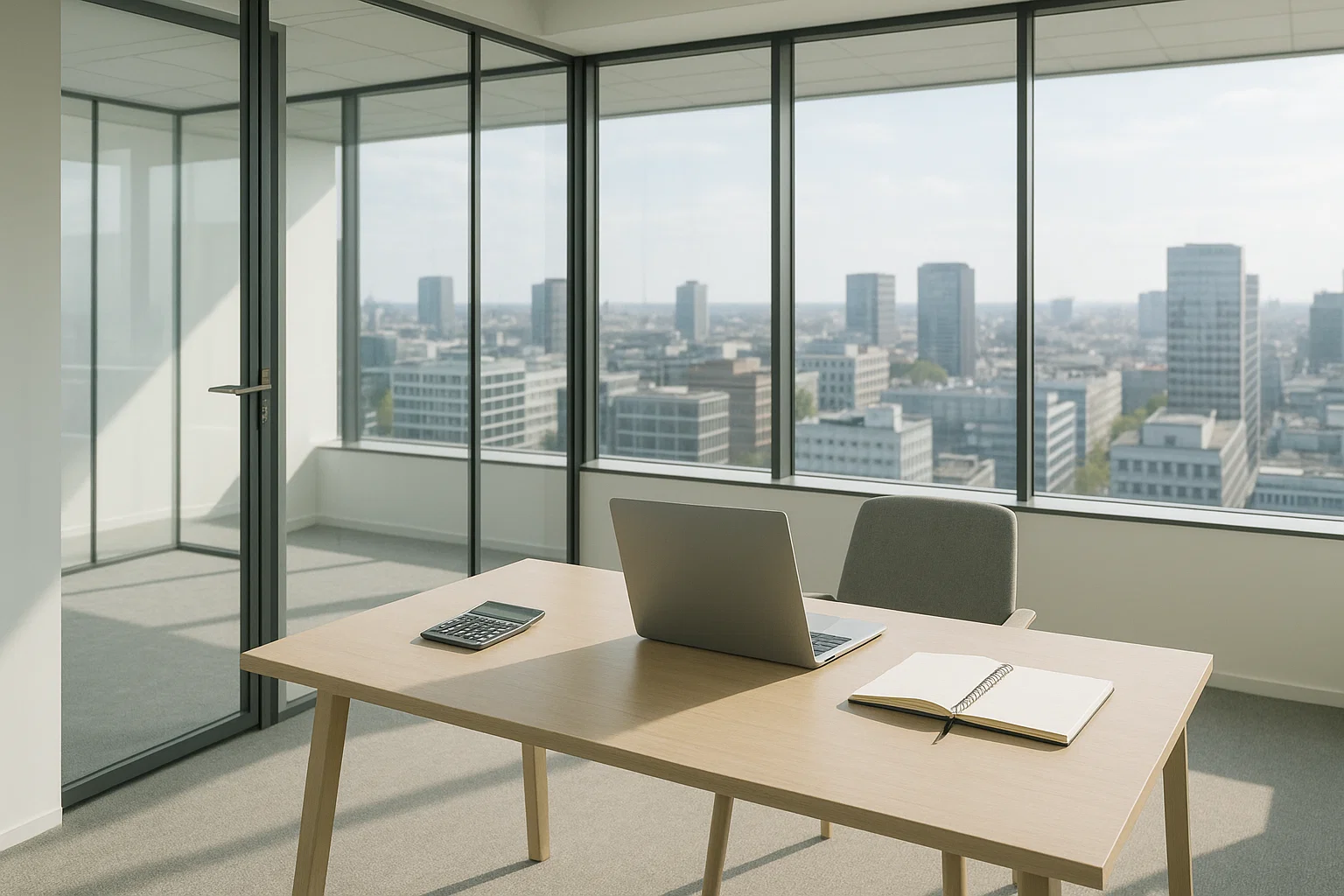 Modernes, helles Büro mit minimalistischem Arbeitsplatz, das Budgetplanung symbolisiert
